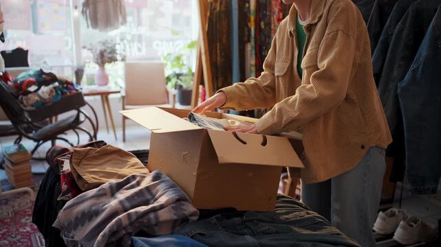 Girl Arranges Garments In Messy Room, Young Female Carefully Packs Clothes Into Box For Donation