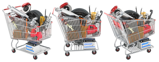 Shopping cart with car parts and battery, auto repair concept, shown from different views. 3D rendering © alexlmx