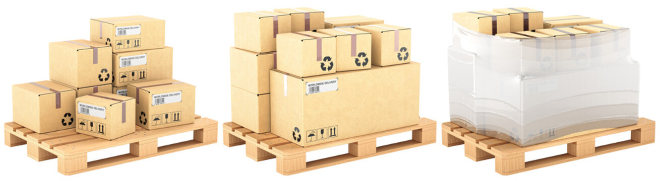 Three pallet packaging stages with cardboard boxes, from loose stacked to shrink wrapped load, 3D rendering