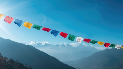 Vibrant Buddhist prayer flags in the Himalayas under a blue sky, emphasizing spiritual freedom and meditation, Zen-inspired scene
