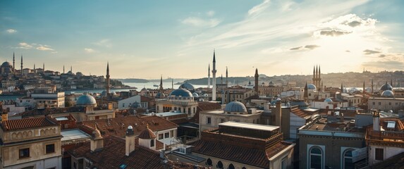 Obraz premium Galata tower overlooking Istanbul rooftops and Bosporus, cityscape, Turkey, summer travel, sky, houses, streets, construction activity, daylight, Ramadan