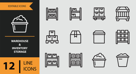 Line icons representing warehouse, inventory, and storage operations and items