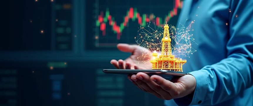 A businessman holds a digital oil rig model, glowing with data points, while the camera slowly pans and stock market graphs animate in the background, creating a cinematic financial technology scene.