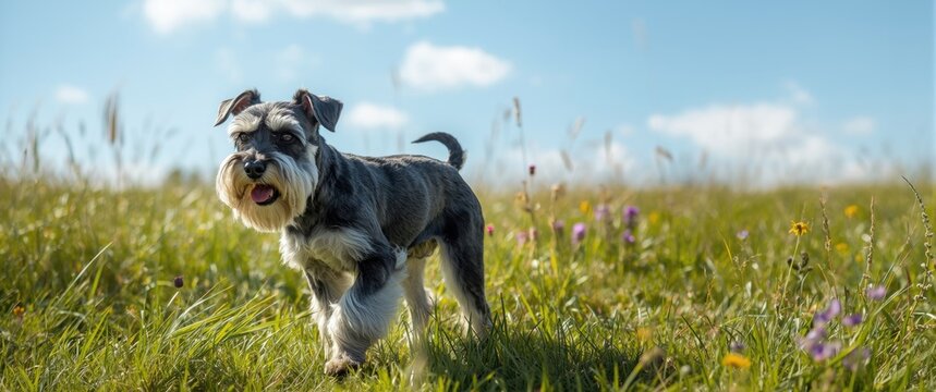 Dog of Miniature Schnauzer breed walking in a sunlit field