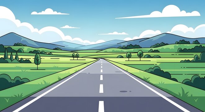 Serene highway through rolling hills and mountains