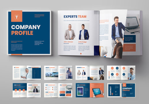 Company Profile Square Layout with Blue and Orange Accents