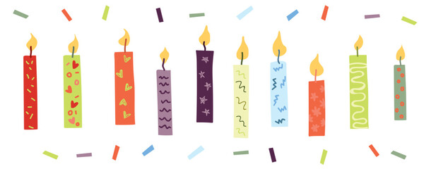 Hand Drawn Birthday Candles Vector Set in Trendy Cool Blue, Jade, Plum Noir and Wasabi Colors, Festive Party Decoration Clipart