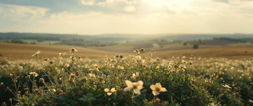 A view of the morning in the field showing a fading hypericum-covered barrow