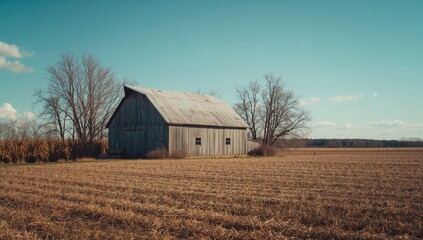 Obraz premium Rustic gray barn with metal roof amid dormant trees in a fallow cornfield under clear spring sky, agricultural setting