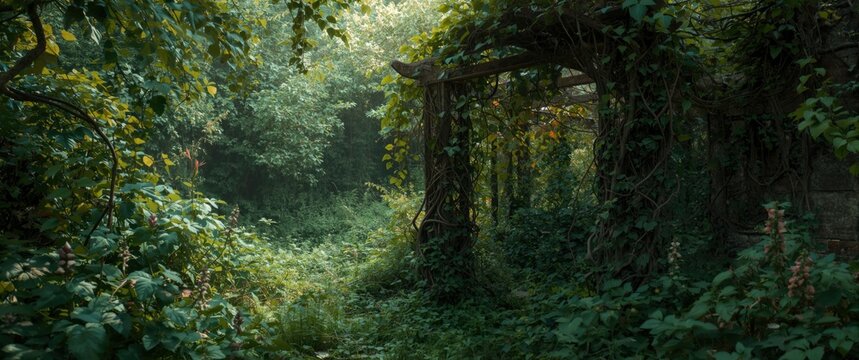 Neglected Garden with Lush Foliage Taken Over by Ivy