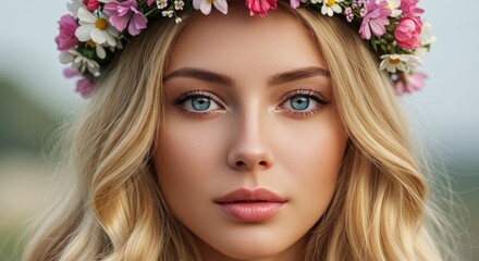 Naklejka premium A close-up portrait of a serene woman with a floral crown