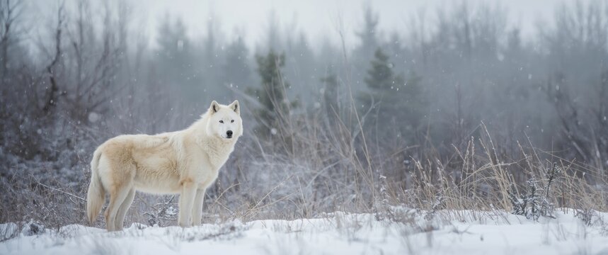 Winter encounter with Arctic Wolf in wooded area