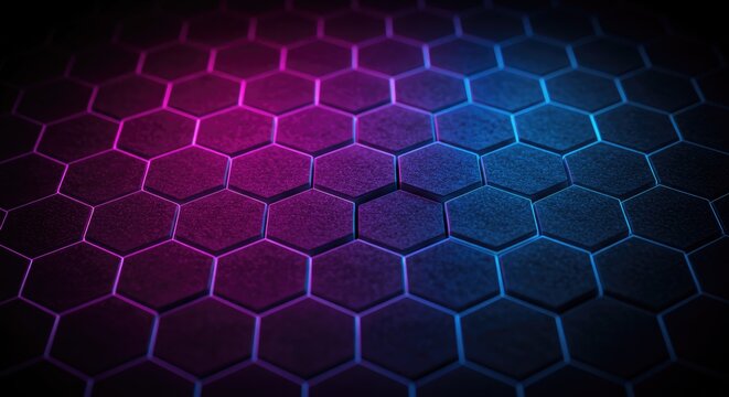 A dark background with a pattern of illuminated hexagons in pink and blue hues