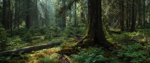 Fototapeta premium Sun-shaded old growth forest featuring lush green plants and fallen trees in a national forest close to mountain area