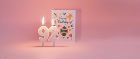 Number 92 birthday candle lit on pink backdrop alongside a birthday card
