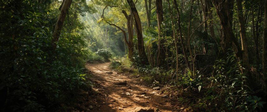 Nature hike along a forest trail with rocks and jungle surroundings