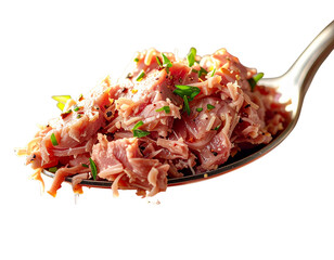 Spoon Scooping Rillettes Showing Shredded Meat Fibers, Macro Detail, isolated on transparent background