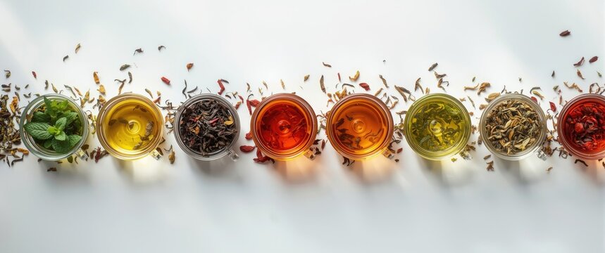 Six cups containing different tea leaves on a white scatter of tea leaves background. Tea collection featuring six unique types of tea leaves. Horizontal orientation