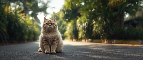 Obraz premium Scottish cat with shaded color and folded ears, front view, big round eyes, sitting on road amid summer foliage