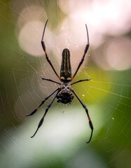 Spider suspends in web, legs extended; background bokeh of light and greenery