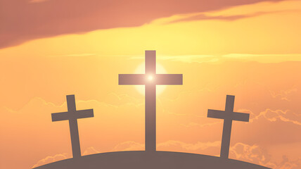 Three crosses on a hill at sunset