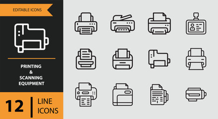 Modern collection of 12 editable line icons representing various printing and scanning equipment