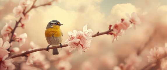 Fototapeta premium Eurasian Siskin resting on a branch of a flowering tree
