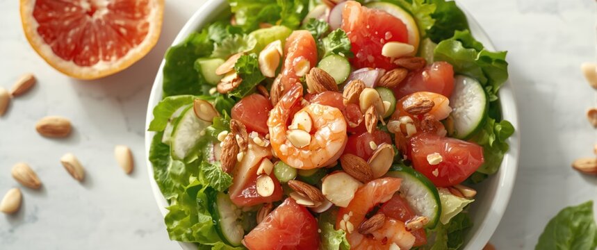 Grapefruit, shrimps, and almonds in a nutritious salad