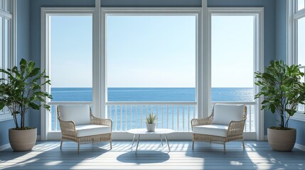 Fototapeta premium Serene Coastal Living Space with Ocean View and Natural Light, Featuring Elegant Armchairs and Lush Green Plants in Refreshing Atmosphere