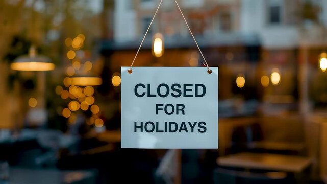 Closed for holidays sign hanging outside blurred cozy cafe warm bokeh lights evening shutdown vacation business storefront scene