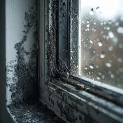 A close-up view of a moldy window with raindrops on the glass