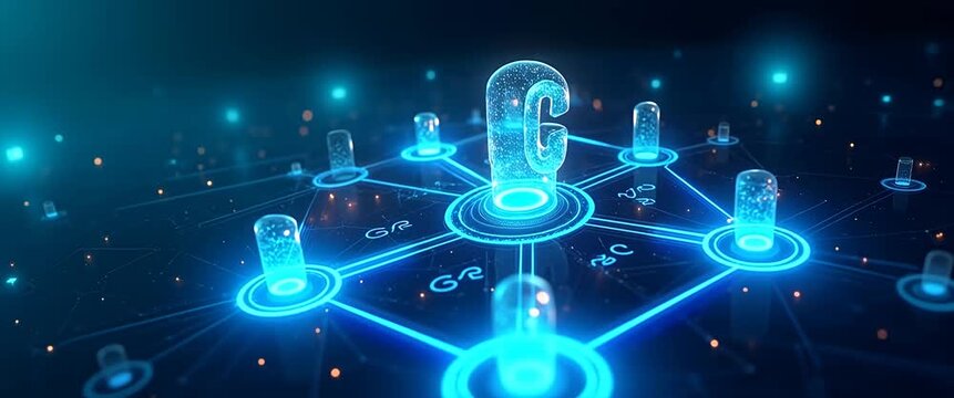 Futuristic digital network with glowing nodes and connections pulses gently, as the camera slowly pans across a cinematic, high-tech data landscape, showcasing innovation and connectivity.