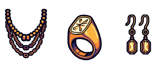 Obraz premium Illustrated gold jewelry set with necklace, ring, and earrings on white background. Not editable stroke