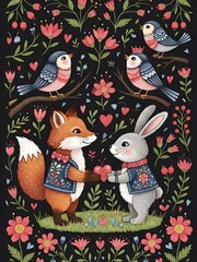 Whimsical Woodland Friends Share Heartfelt Gift in a Floral Night Scene with Birds, Fox, and Rabbit