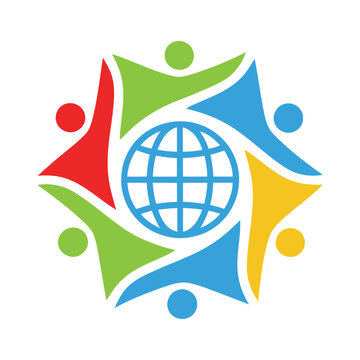 Colorful abstract people holding hands around the earth  global unity concept icon