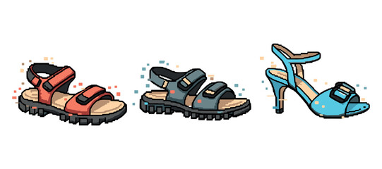 Three stylish pixel art sandals and heels on white background. Not editable stroke