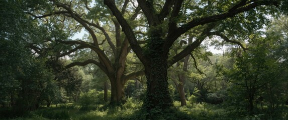 Obraz premium top crowns of towering trees in a broadleaf woodland