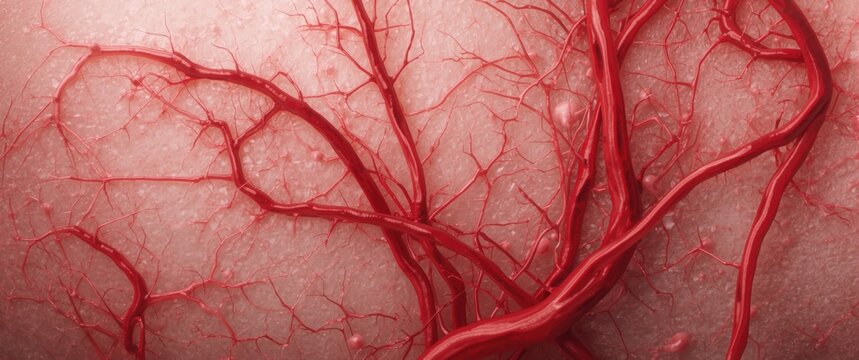 Red, inflamed capillaries on skin: abstract depiction of animal vessel systems and blood flow, with doctor examination via macroscopic photography