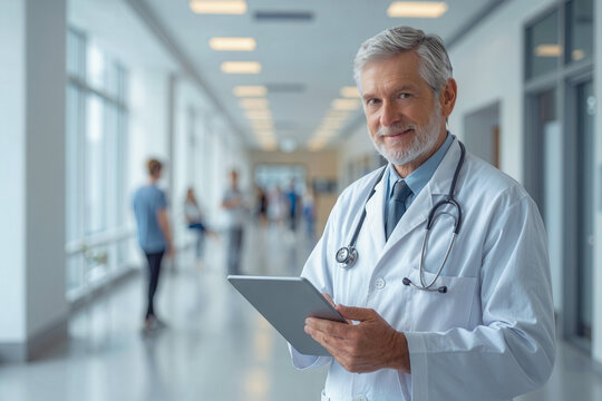 Smile senior man doctor holding using tablet stand in hospital clinic corridor background