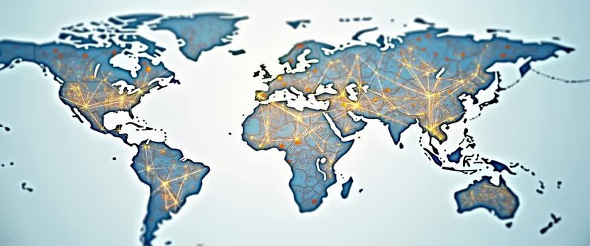 Cinematic world map illustration with glowing city lights; slow pan reveals global connections in vibrant blue tones, ideal for educational, travel, and business presentations.