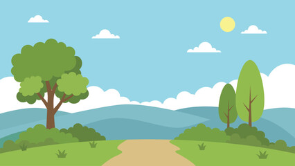 Flat Design Nature Landscape with Winding Path. Scenic Countryside View with Green Hills and Summer Sky.Minimalist Outdoor Environment Illustration with Trees and Mountains