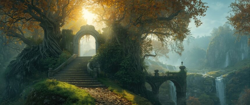 Forest entrance with a stone staircase on top