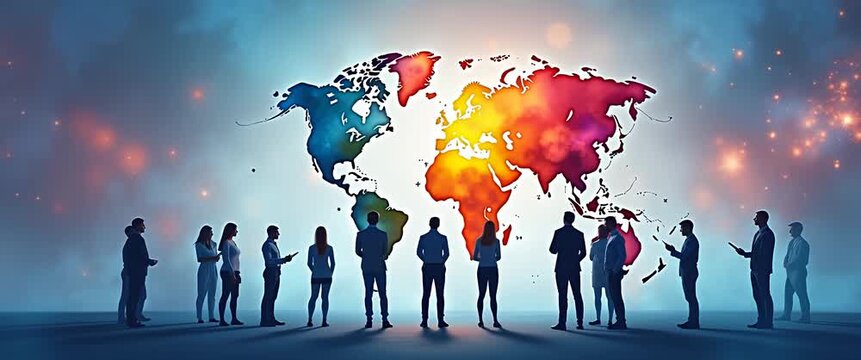 Silhouetted professionals engage in discussion before a vibrant world map, as the camera pans slowly, capturing dynamic ambient lighting and creating a cinematic, global business atmosphere.