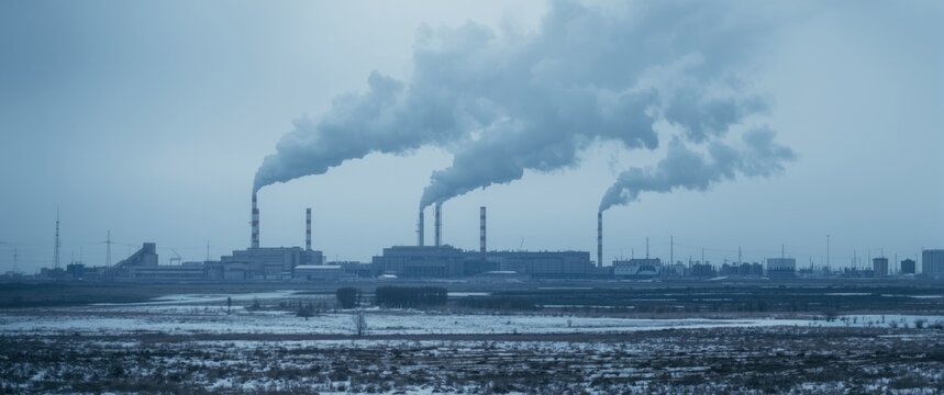 Polar region winter landscape with industrial thermal power plant and chimney smoke in Anadyr, Chukotka, Siberia, Russia