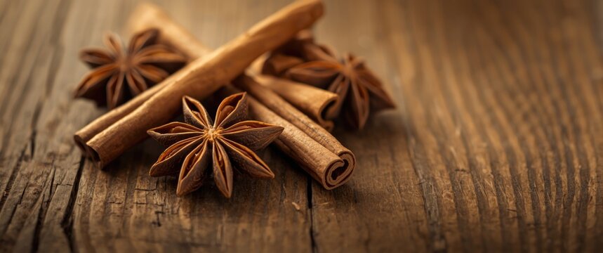 Christmas spices featuring star anise with cinnamon on rustic wood - Powered by Adobe