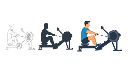 Set of three distinct visual representations showing a male athlete engaging in indoor cardio exercise using a rowing machine demonstrating different graphic styles and fitness activities