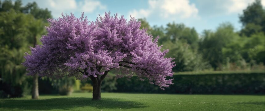 Purple Lagerstroemia Flower Background, Nature Setting with Trees, Green Leaves, and Blue Sky