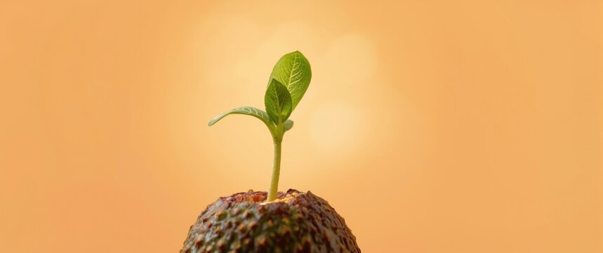 From an avocado pit, a young sprout emerges, its fragile leaves stretching toward the light. New life