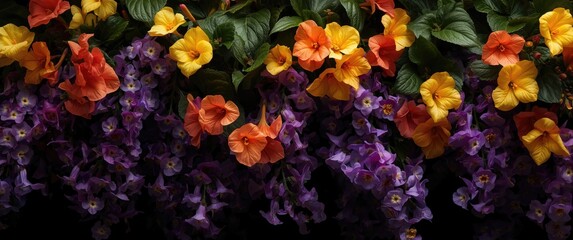 Obraz premium Vibrant yellow orange begonias alongside purple surfinias
