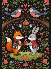 Whimsical Woodland Friends Share Heartfelt Gift in a Floral Night Scene with Birds, Fox, and Rabbit